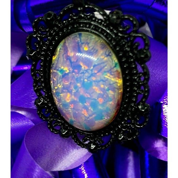 Opalescent Fire White Opal Black Enamel Necklace - Picture 5 of 9